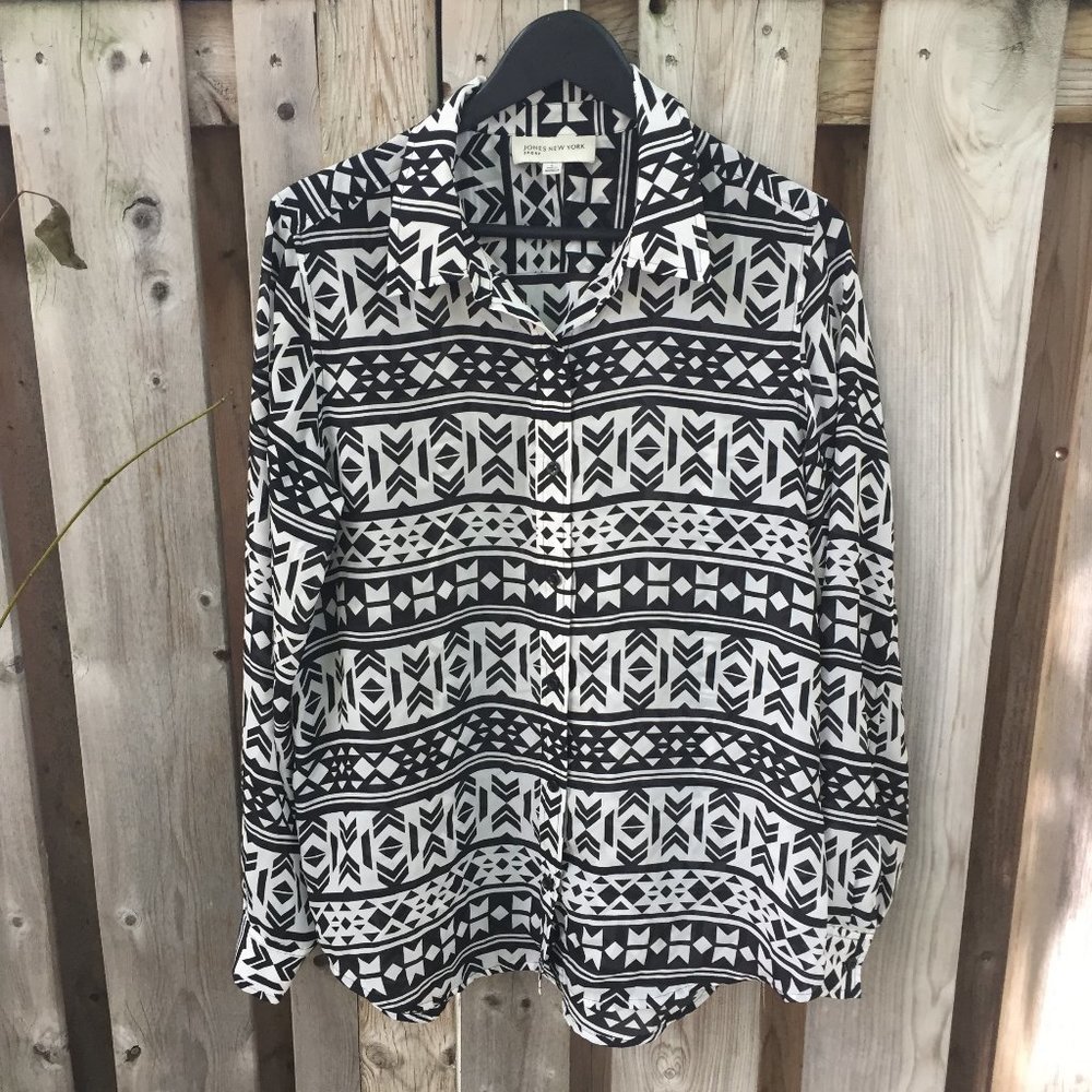 Jones NY Sport black & white tribal print blouse - size L